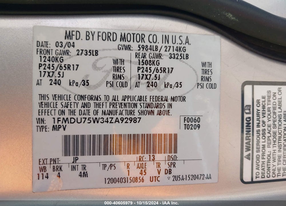 2004 FORD EXPLORER LIMITED VIN: 1FMDU75W34ZA92987