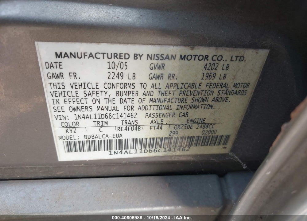 2006 NISSAN ALTIMA 2.5 S VIN: 1N4AL11D66C141462