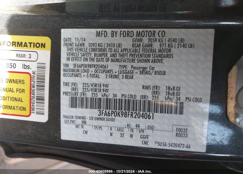 2015 FORD FUSION TITANIUM VIN: 3FA6P0K98FR204061