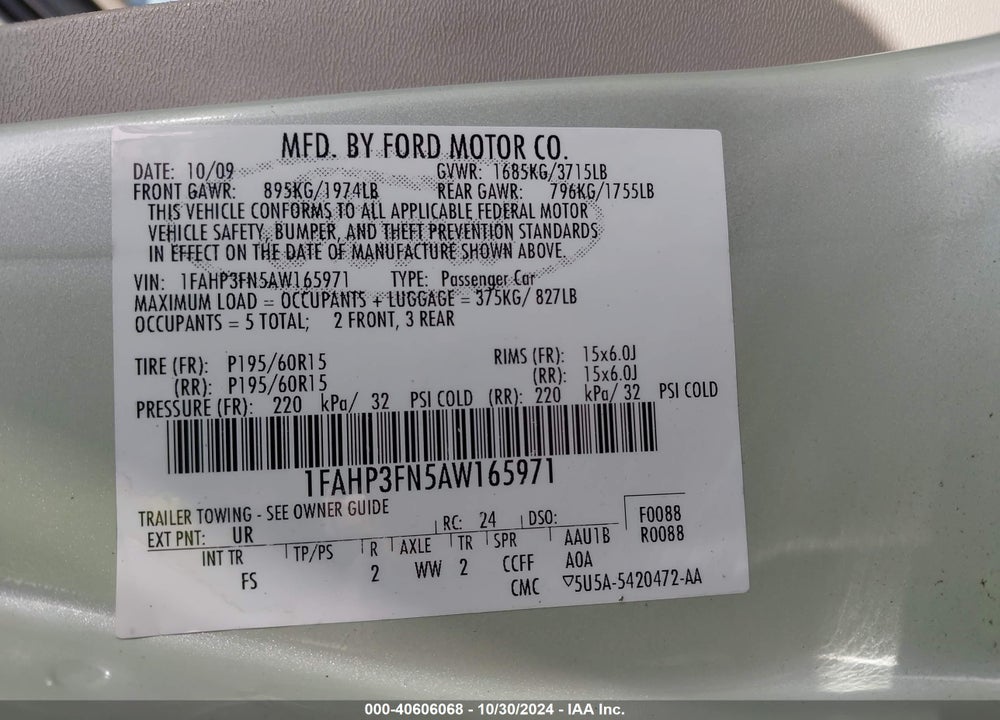 2010 FORD FOCUS SE VIN: 1FAHP3FN5AW165971