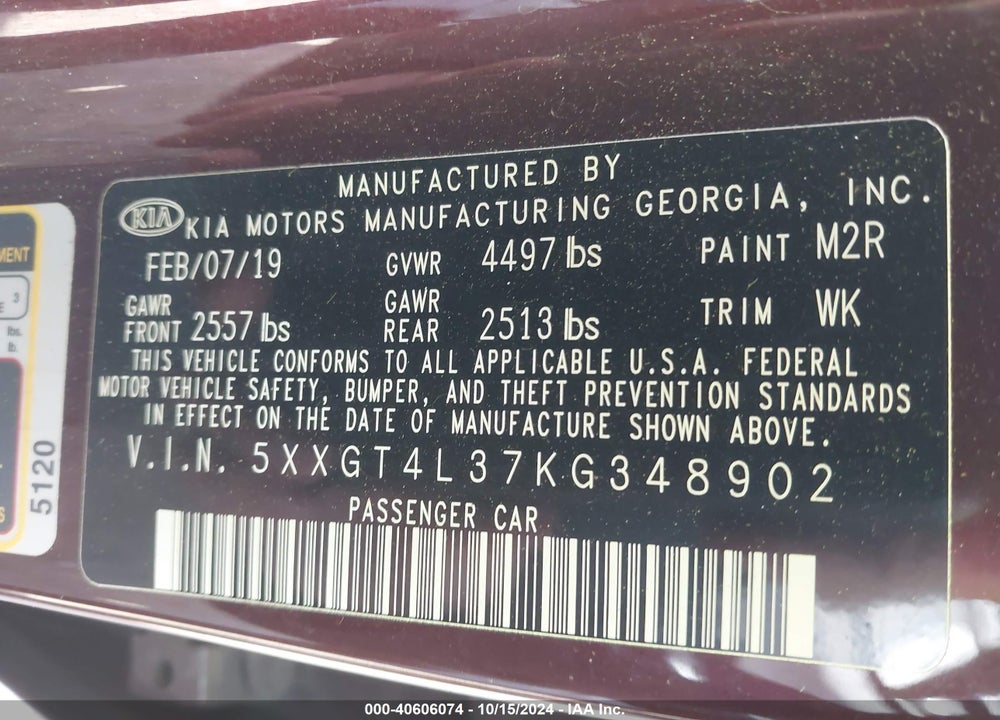 2019 KIA OPTIMA LX VIN: 5XXGT4L37KG348902