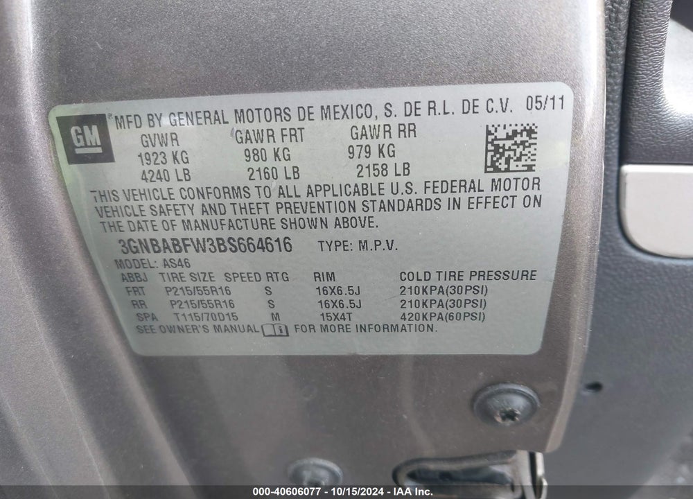 2011 CHEVROLET HHR LT VIN: 3GNBABFW3BS664616