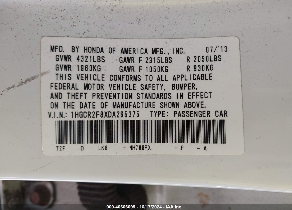 2013 HONDA ACCORD EX-L VIN: 1HGCR2F8XDA265375