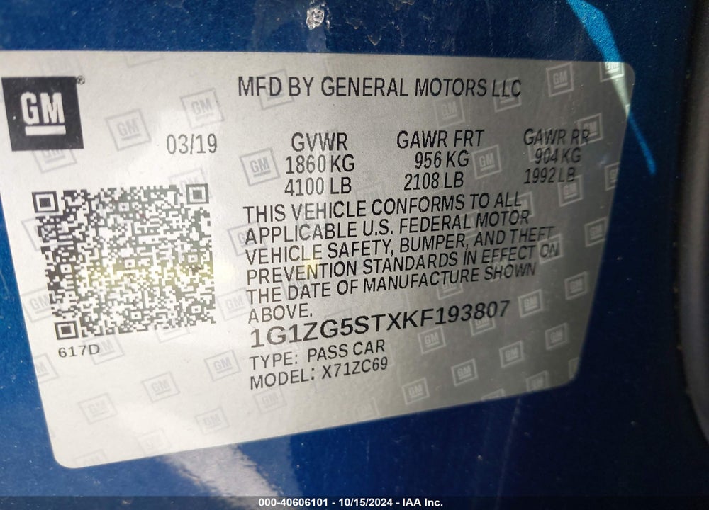 2019 CHEVROLET MALIBU RS VIN: 1G1ZG5STXKF193807