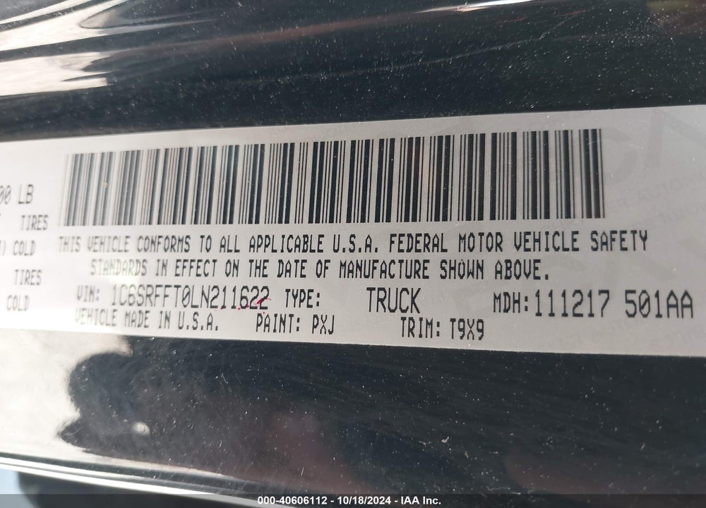 2020 RAM 1500 BIG HORN 4X4 5'7 BOX VIN: 1C6SRFFT0LN211622