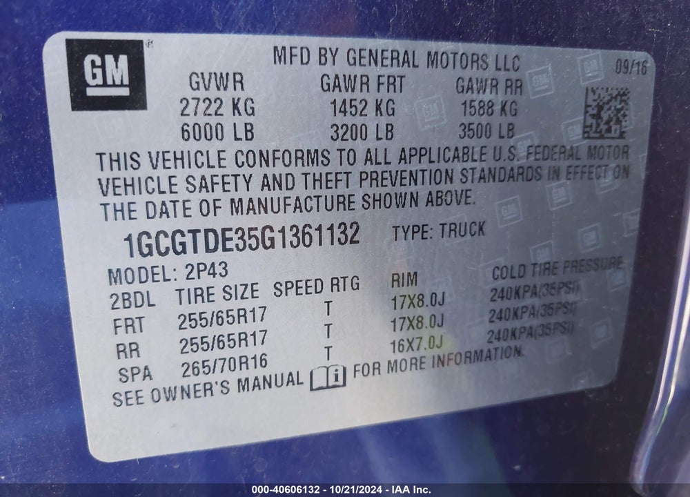 2016 CHEVROLET COLORADO Z71 VIN: 1GCGTDE35G1361132
