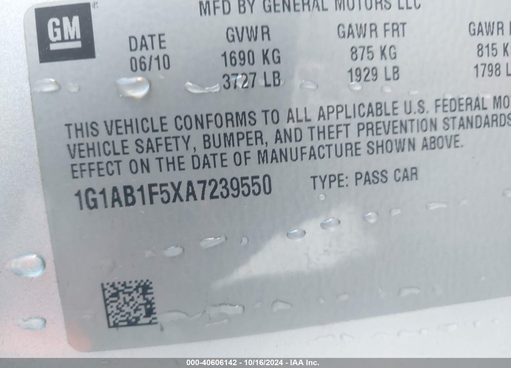 2010 CHEVROLET COBALT LS VIN: 1G1AB1F5XA7239550