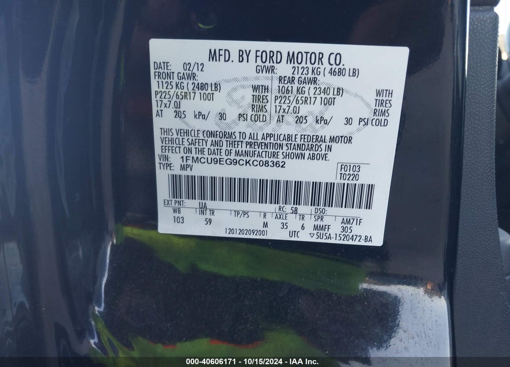 2012 FORD ESCAPE LIMITED VIN: 1FMCU9EG9CKC08362