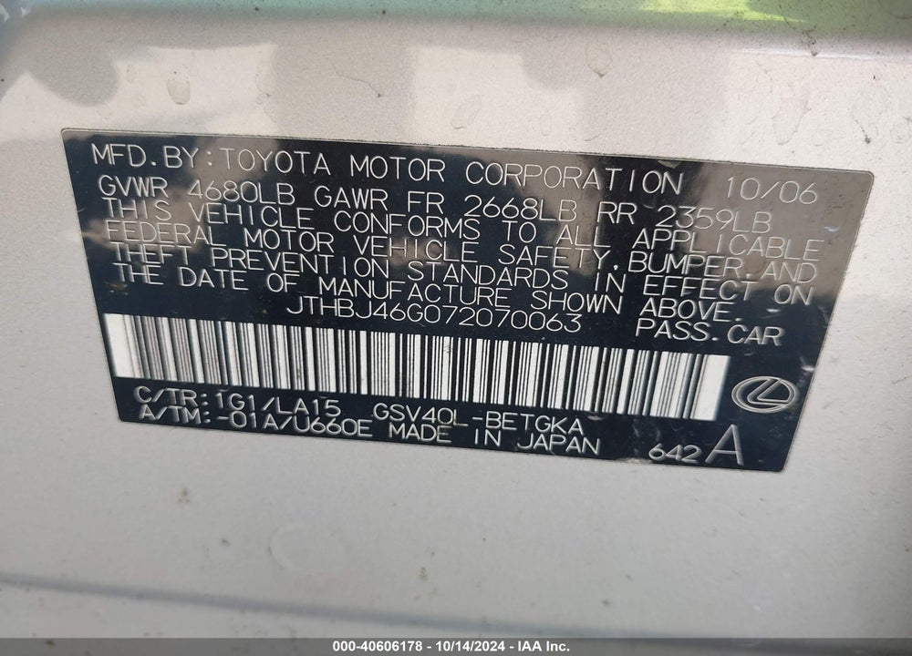 2007 LEXUS ES 350 VIN: JTHBJ46G072070063