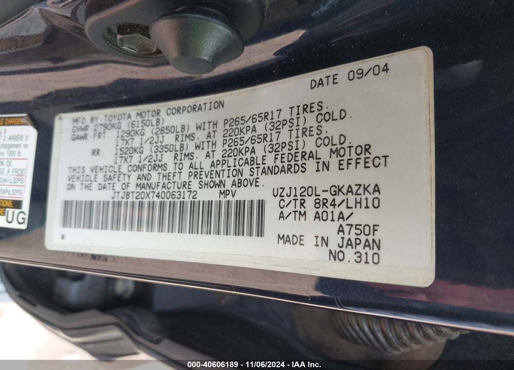 2004 LEXUS GX 470 VIN: JTJBT20X740063172
