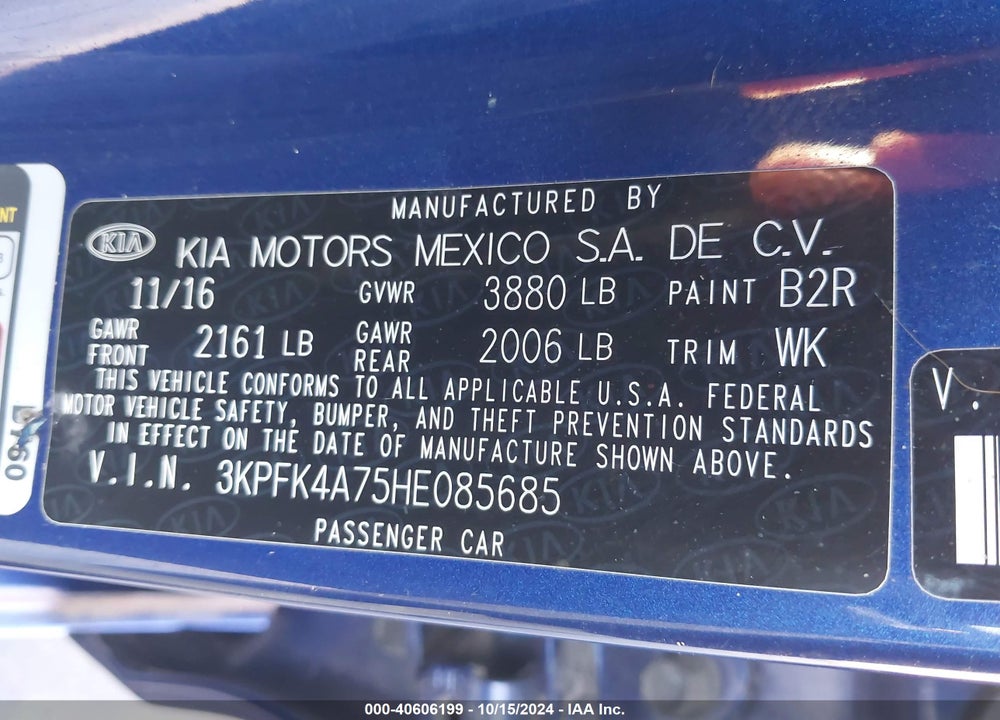 2017 KIA FORTE LX VIN: 3KPFK4A75HE085685