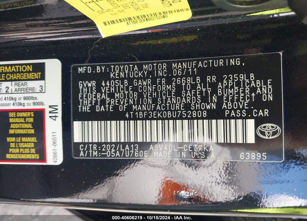 2011 TOYOTA CAMRY XLE VIN: 4T1BF3EK0BU752808