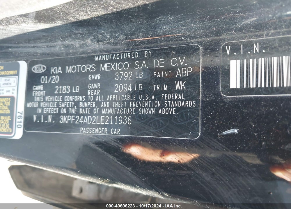 2020 KIA FORTE LXS VIN: 3KPF24AD2LE211936