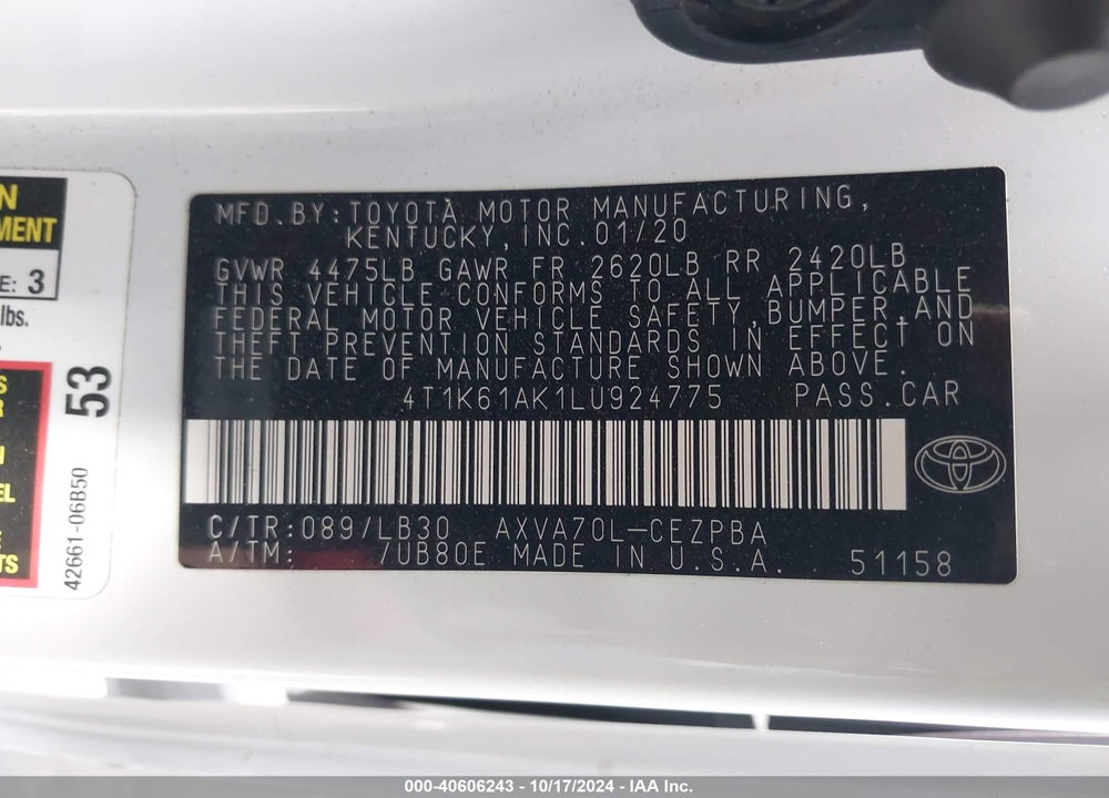 2020 TOYOTA CAMRY XSE VIN: 4T1K61AK1LU924775