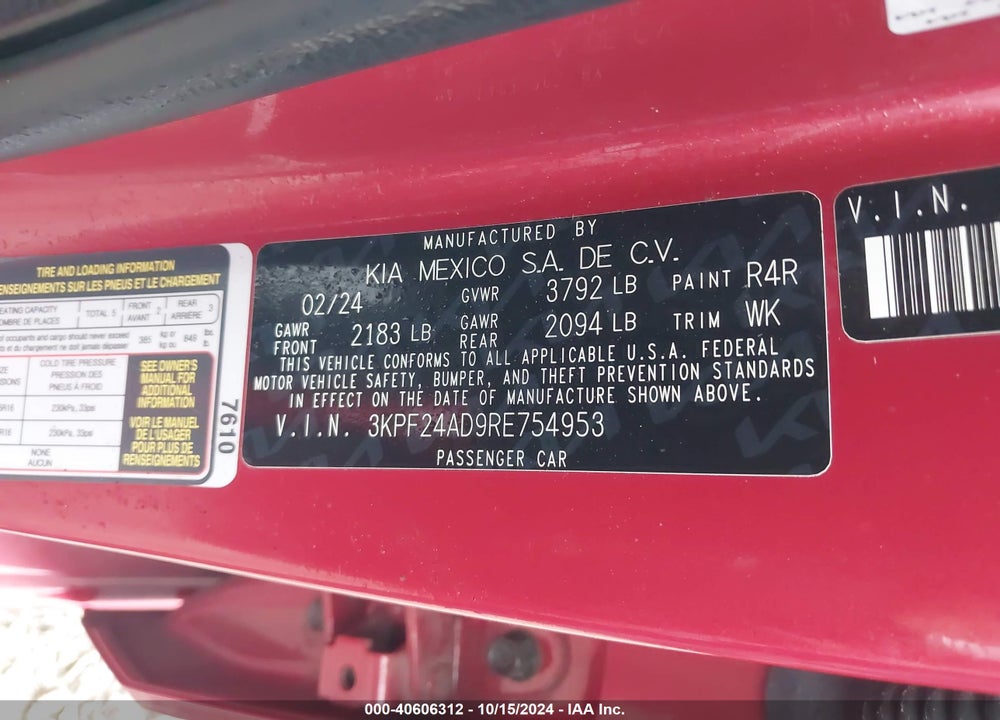 2024 KIA FORTE LXS VIN: 3KPF24AD9RE754953