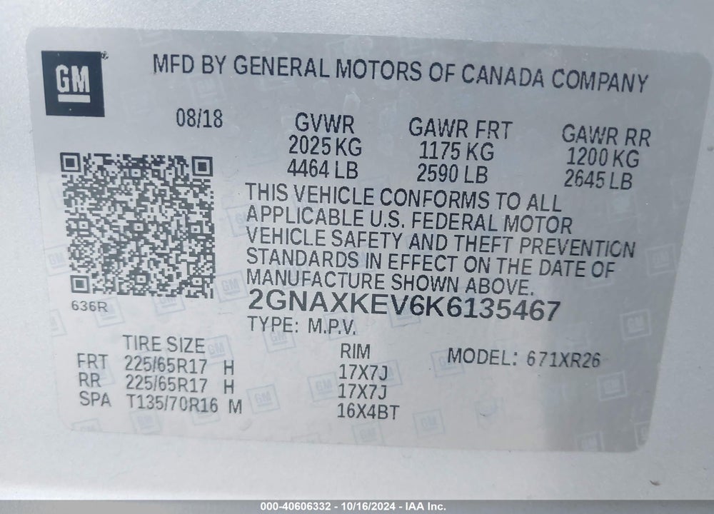 2019 CHEVROLET EQUINOX LT VIN: 2GNAXKEV6K6135467
