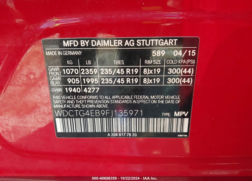 2015 MERCEDES-BENZ GLA 250 VIN: WDCTG4EB9FJ135971
