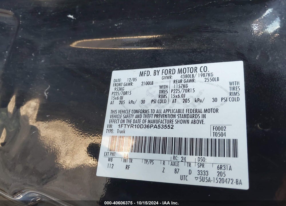 2006 FORD RANGER XL/XLT VIN: 1FTYR10D36PA53552