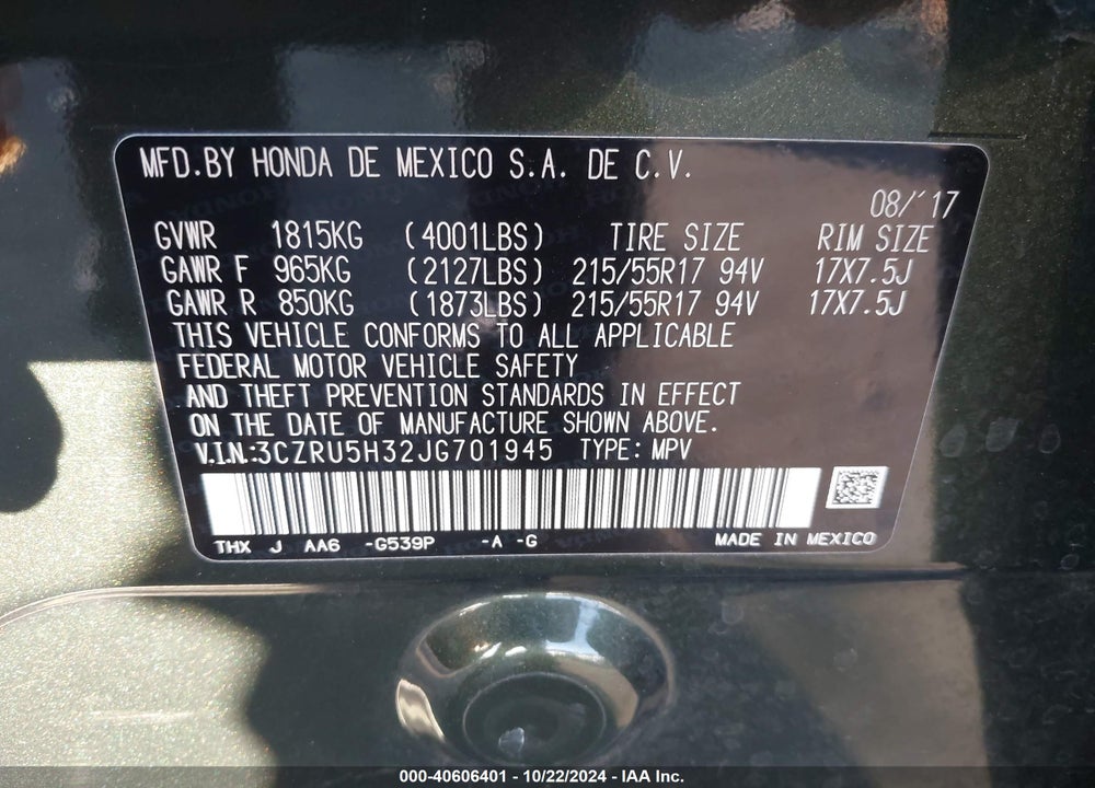 2018 HONDA HR-V LX VIN: 3CZRU5H32JG701945