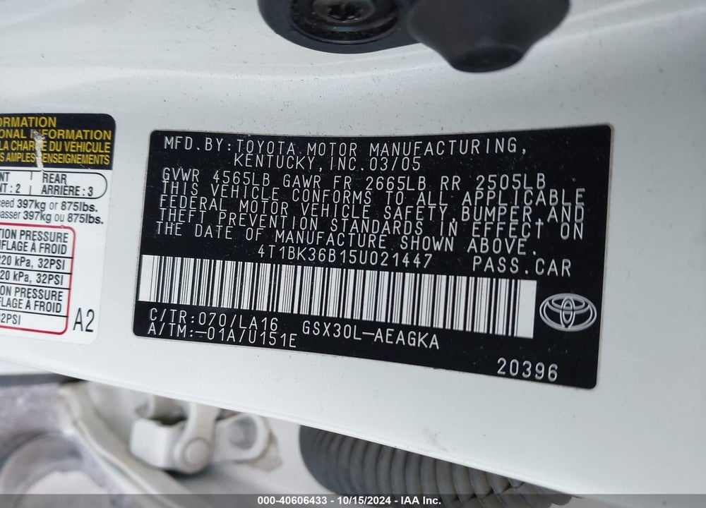 2005 TOYOTA AVALON XLS VIN: 4T1BK36B15U021447