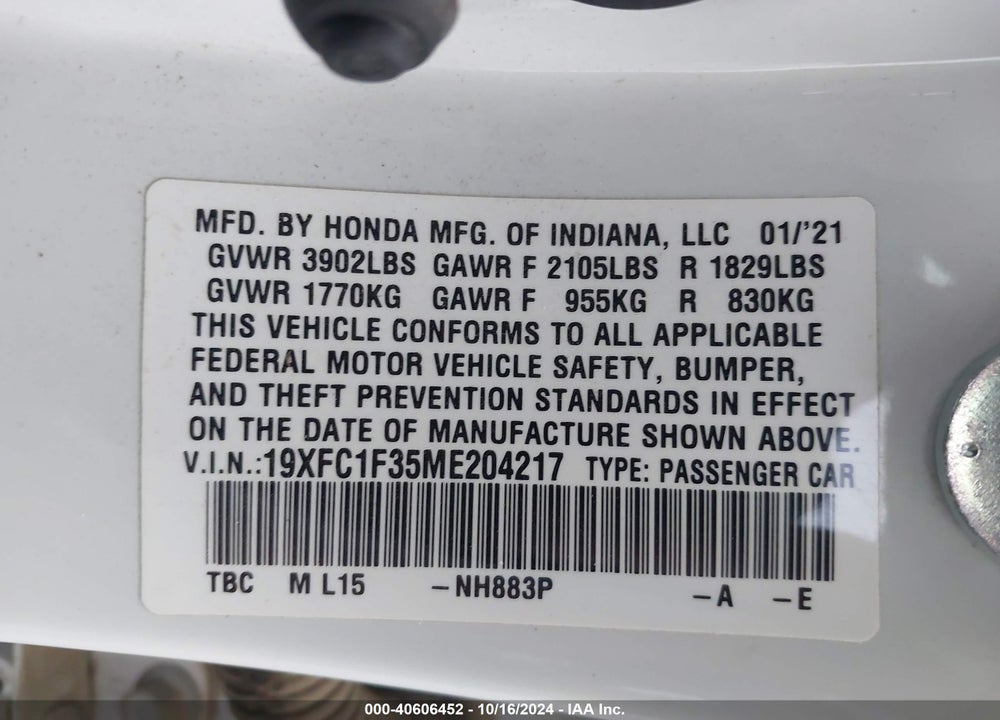 2021 HONDA CIVIC EX VIN: 19XFC1F35ME204217