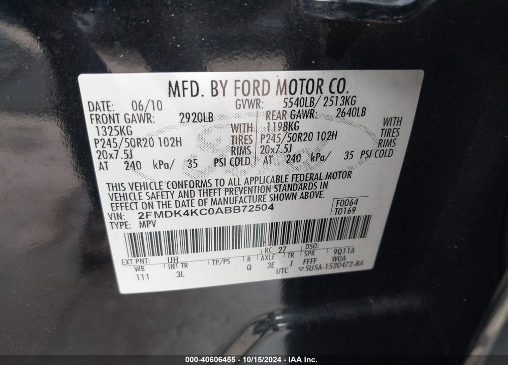 2010 FORD EDGE LIMITED VIN: 2FMDK4KC0ABB72504