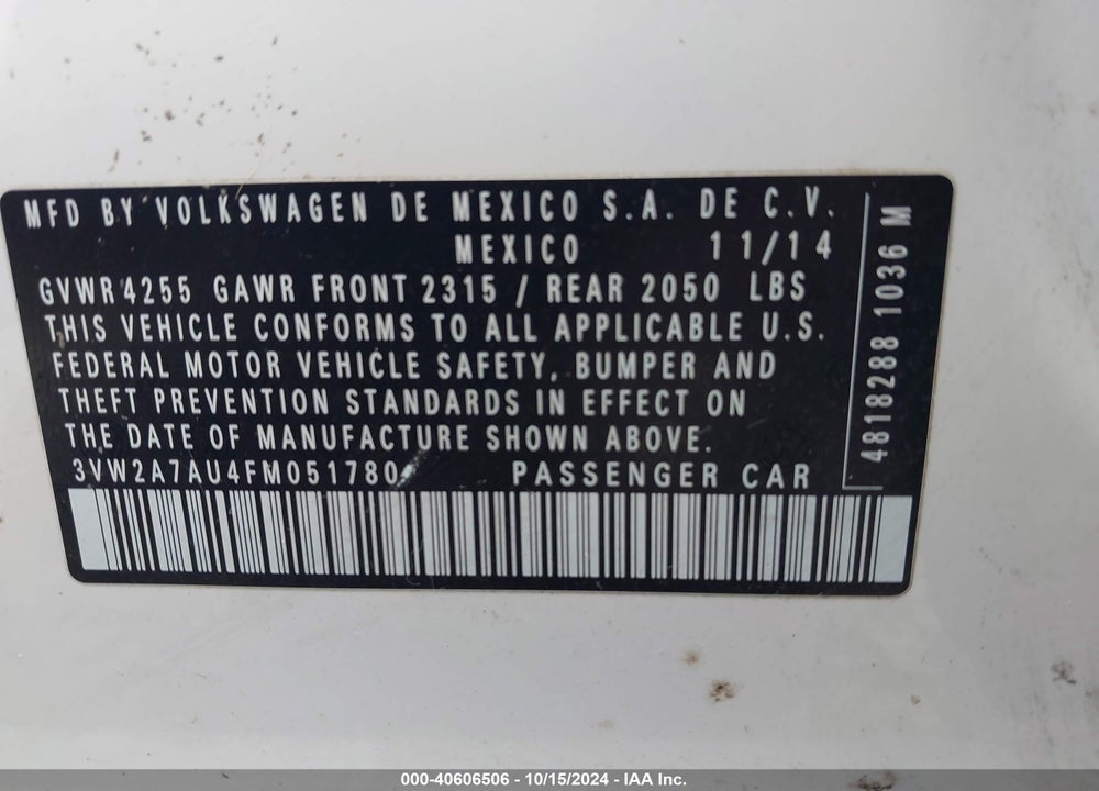 2015 VOLKSWAGEN GOLF TDI S 4-DOOR VIN: 3VW2A7AU4FM051780