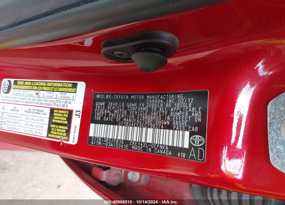 2012 TOYOTA COROLLA LE VIN: 2T1BU4EE9CC798274
