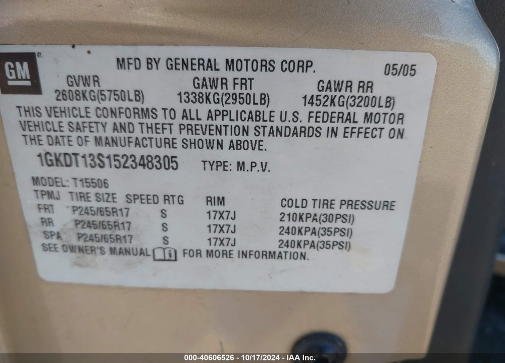 2005 GMC ENVOY SLT VIN: 1GKDT13S152348305