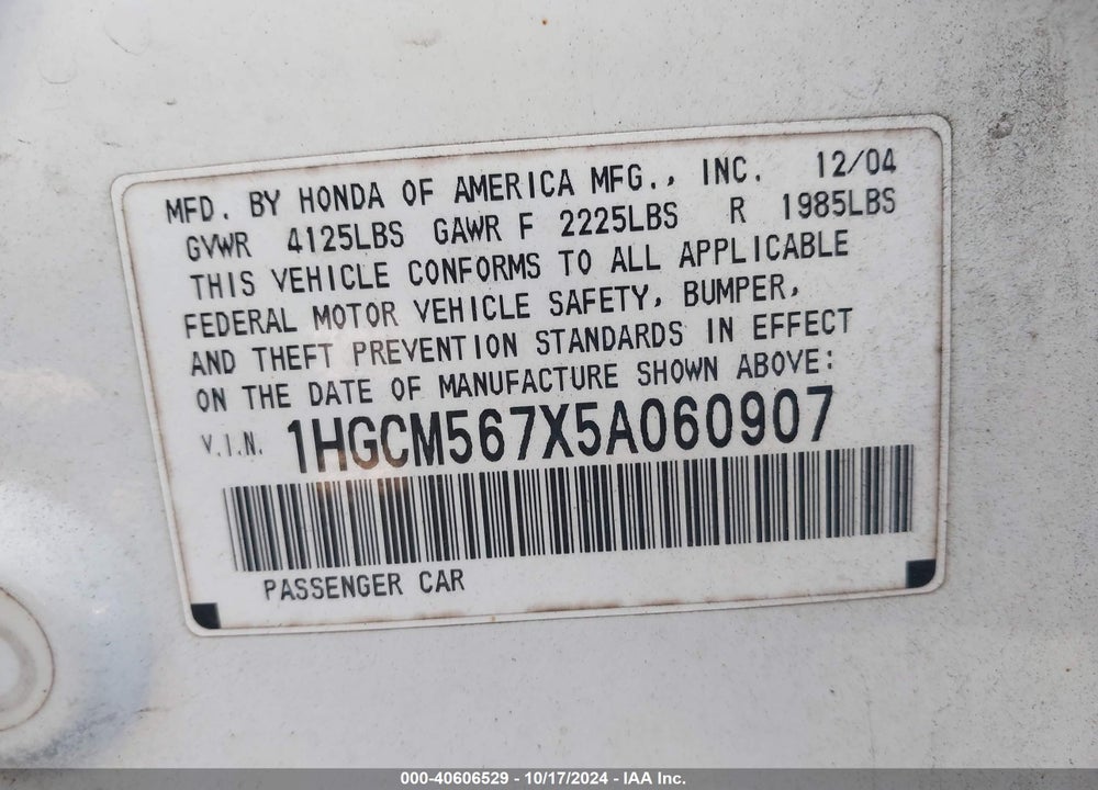 2005 HONDA ACCORD 2.4 EX VIN: 1HGCM567X5A060907