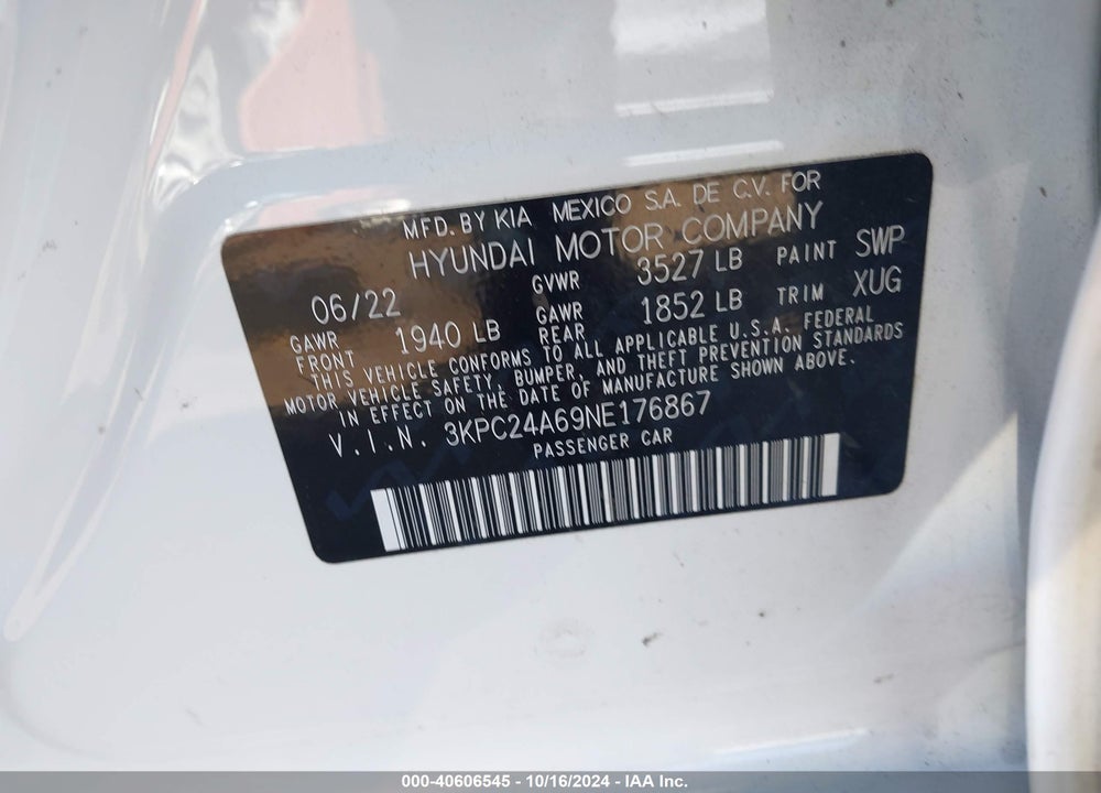 2022 HYUNDAI ACCENT SE VIN: 3KPC24A69NE176867