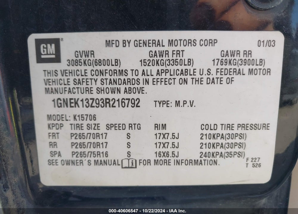 2003 CHEVROLET TAHOE Z71 VIN: 1GNEK13Z93R216792