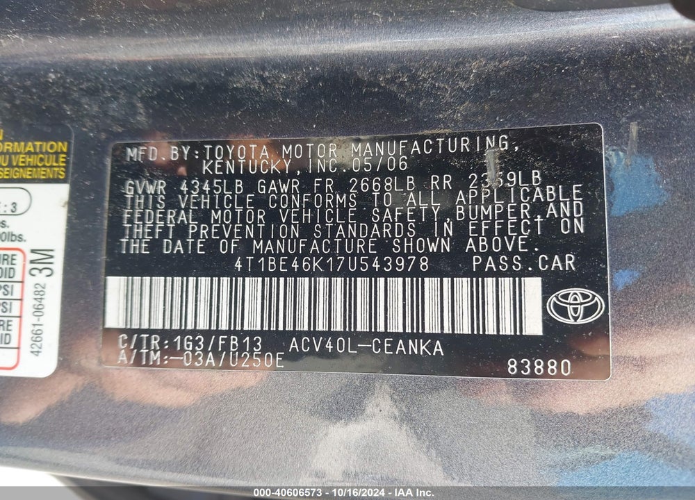 2007 TOYOTA CAMRY LE VIN: 4T1BE46K17U543978