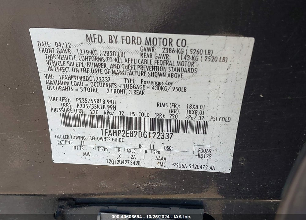 2013 FORD TAURUS SEL VIN: 1FAHP2E82DG122337