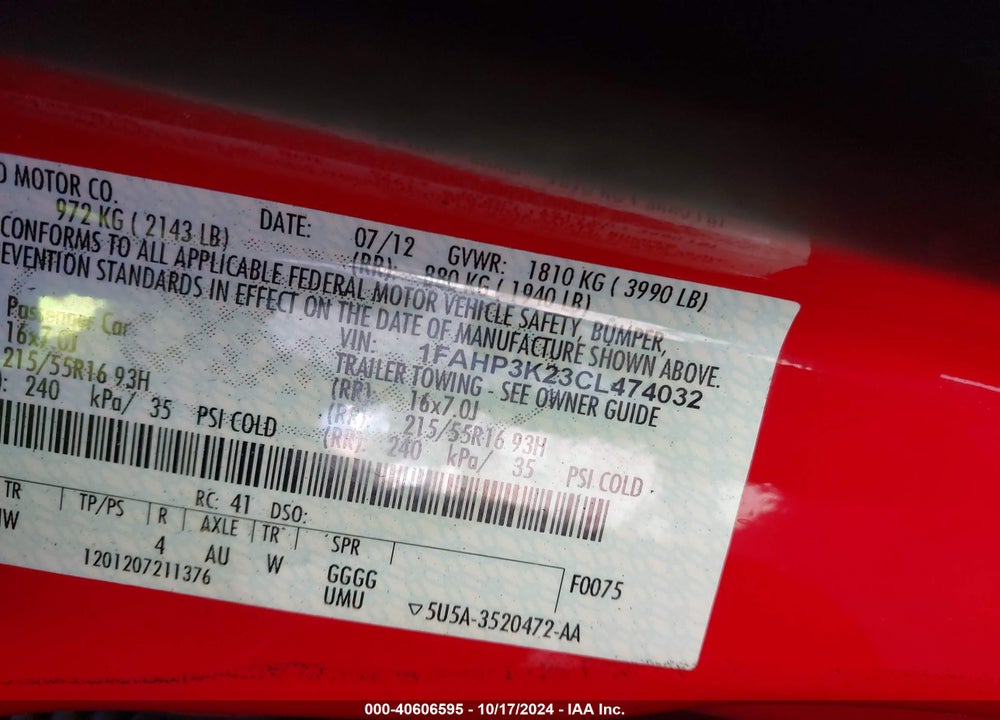 2012 FORD FOCUS SE VIN: 1FAHP3K23CL474032