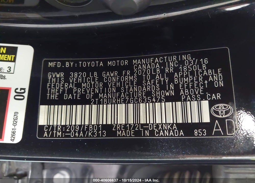 2016 TOYOTA COROLLA LE VIN: 2T1BURHE7GC635475