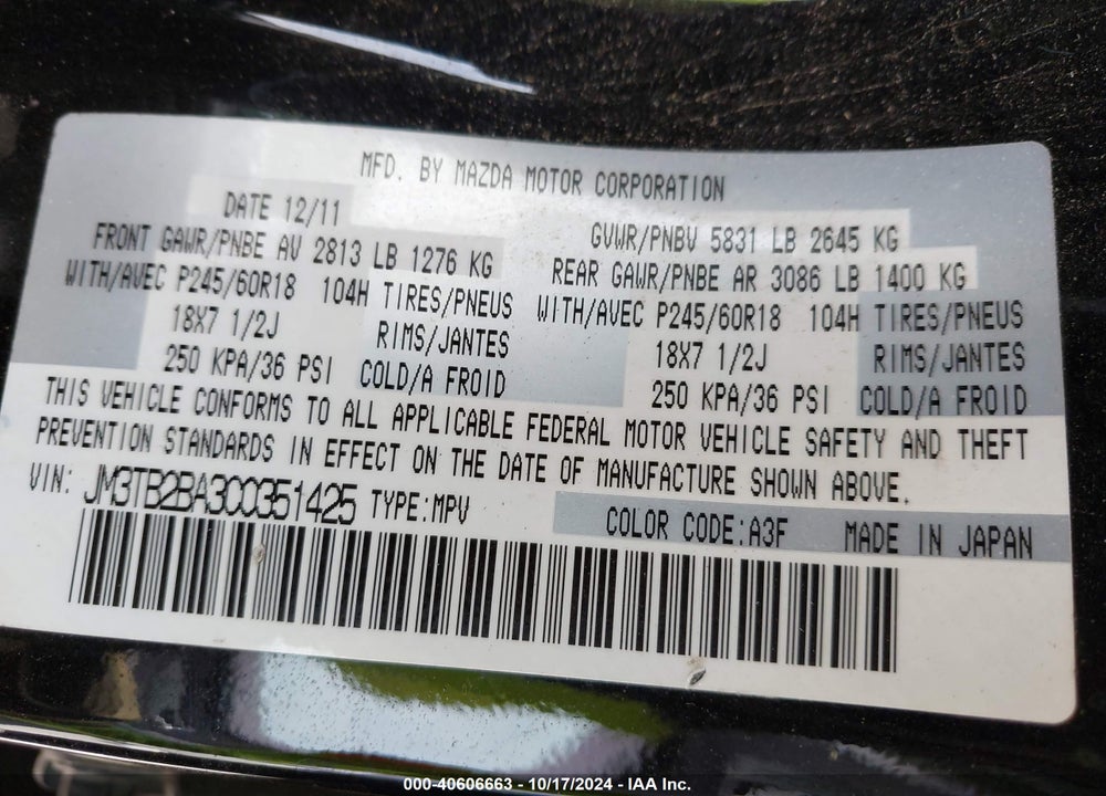 2012 MAZDA CX-9 SPORT VIN: JM3TB2BA3C0351425
