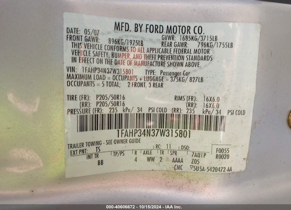 2007 FORD FOCUS S/SE/SES VIN: 1FAHP34N37W315801