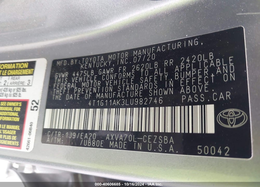 2020 TOYOTA CAMRY SE VIN: 4T1G11AK3LU982746