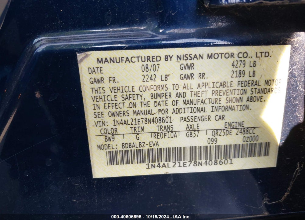 2008 NISSAN ALTIMA 2.5 S VIN: 1N4AL21E78N408601
