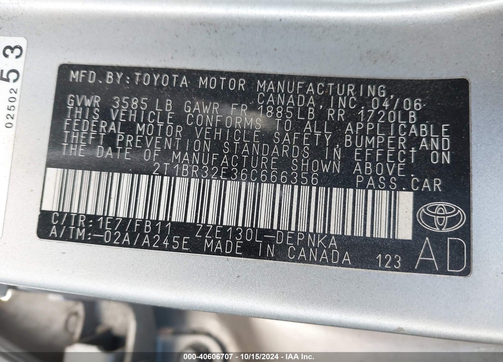 2006 TOYOTA COROLLA LE VIN: 2T1BR32E36C666356