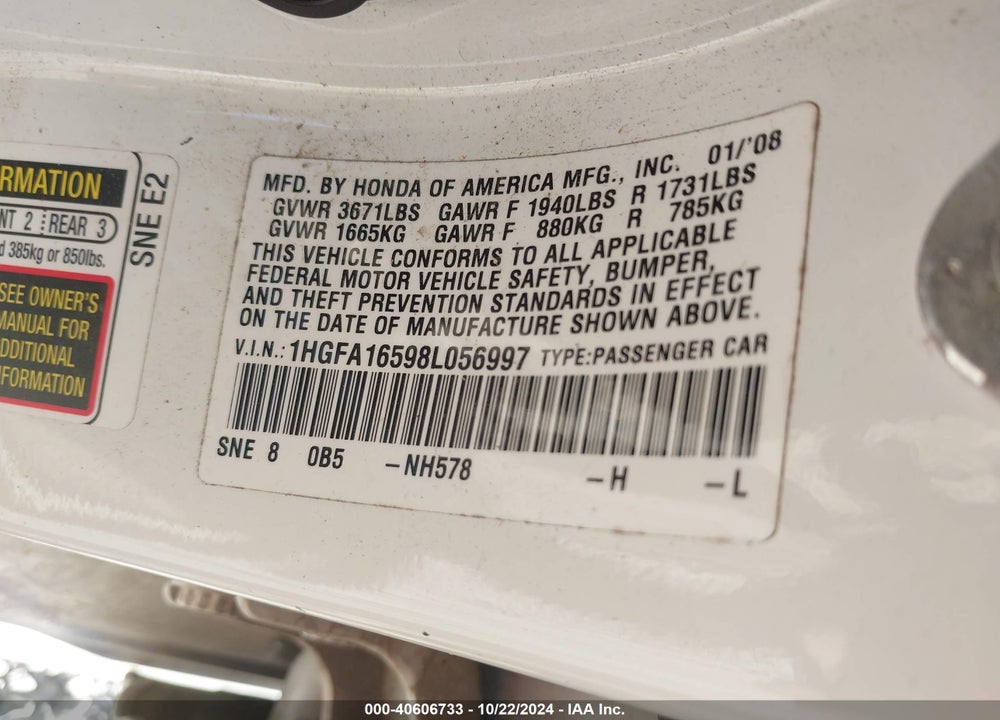 2008 HONDA CIVIC LX VIN: 1HGFA16598L056997