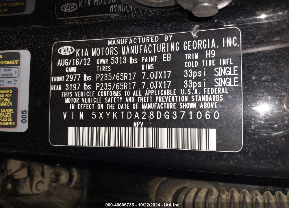 2013 KIA SORENTO LX V6 VIN: 5XYKTDA28DG371060