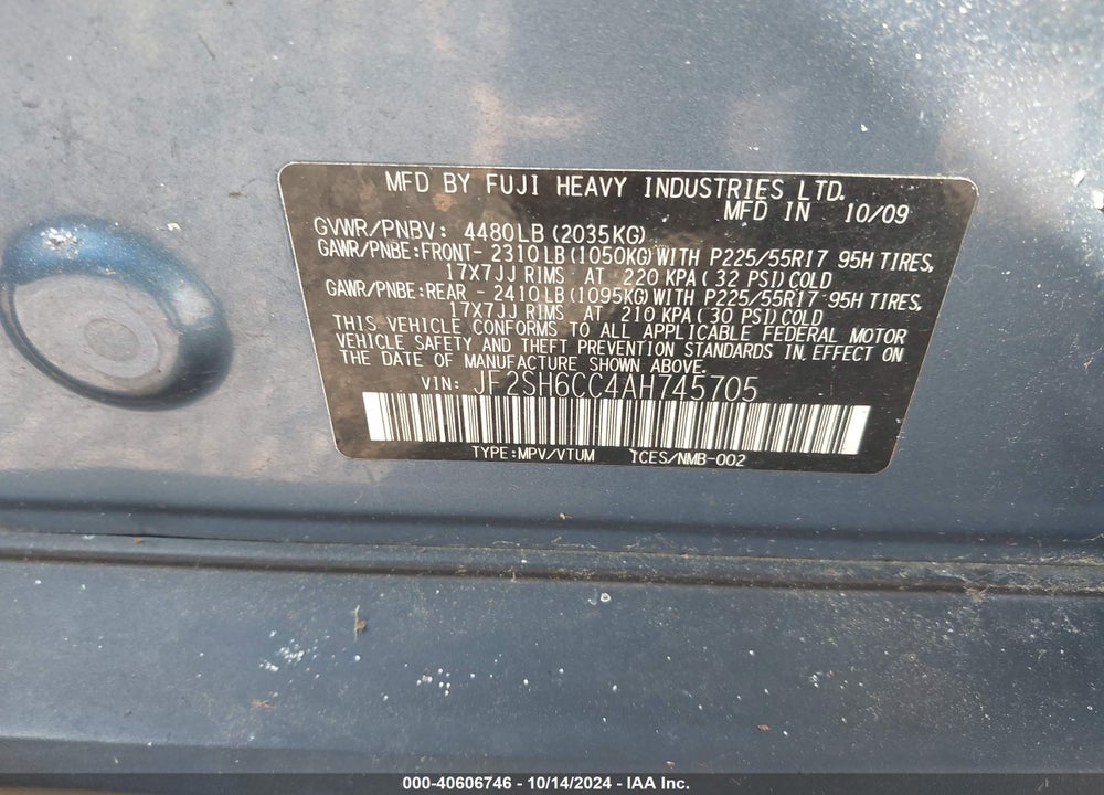 2010 SUBARU FORESTER 2.5X PREMIUM VIN: JF2SH6CC4AH745705