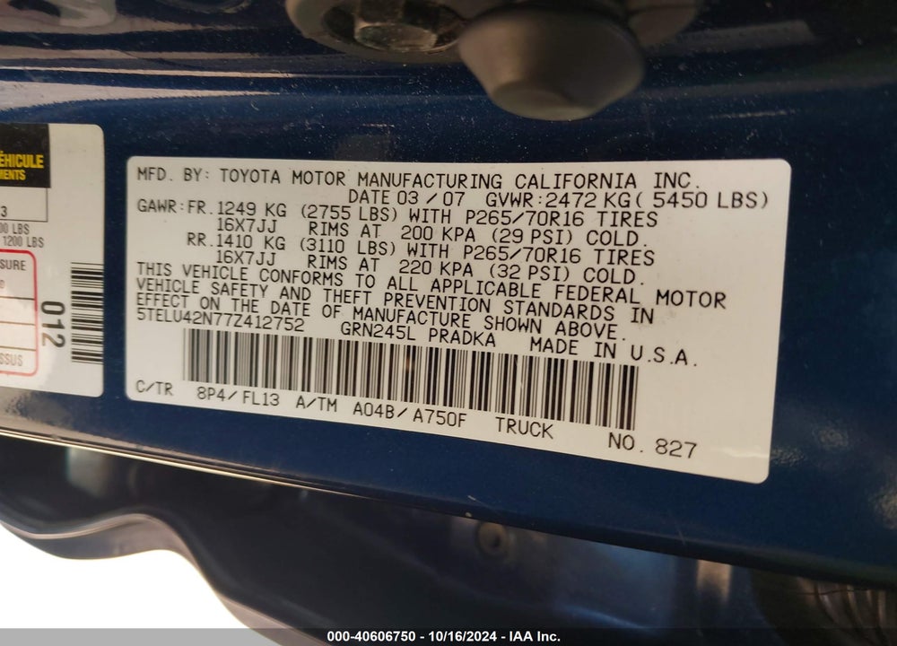 2007 TOYOTA TACOMA DOUBLE CAB VIN: 5TELU42N77Z412752