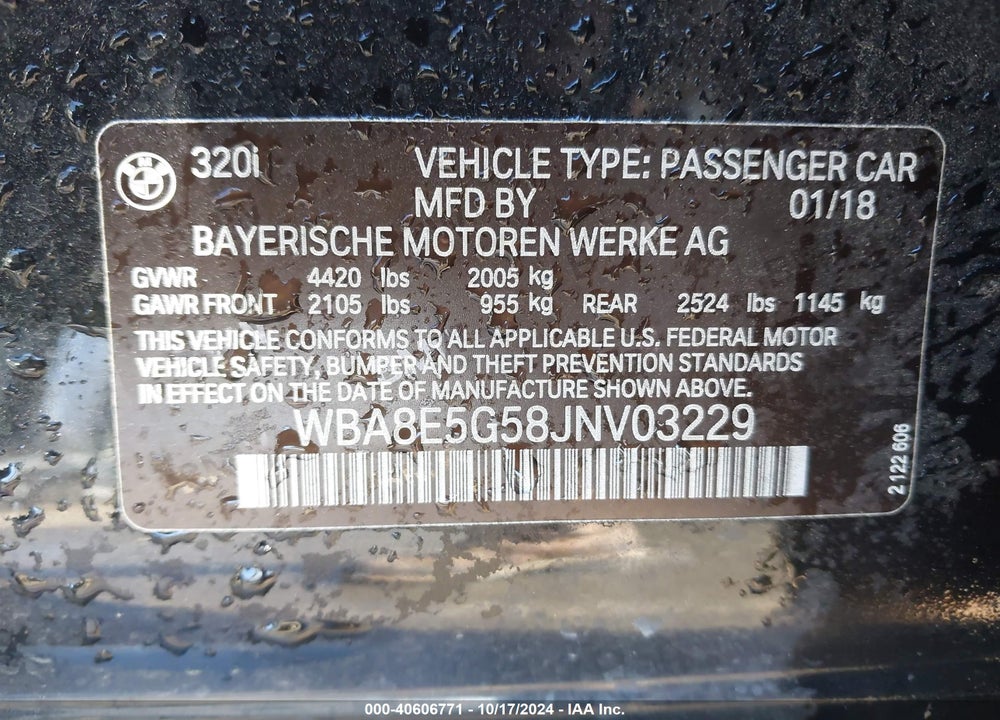2018 BMW 320I XDRIVE VIN: WBA8E5G58JNV03229