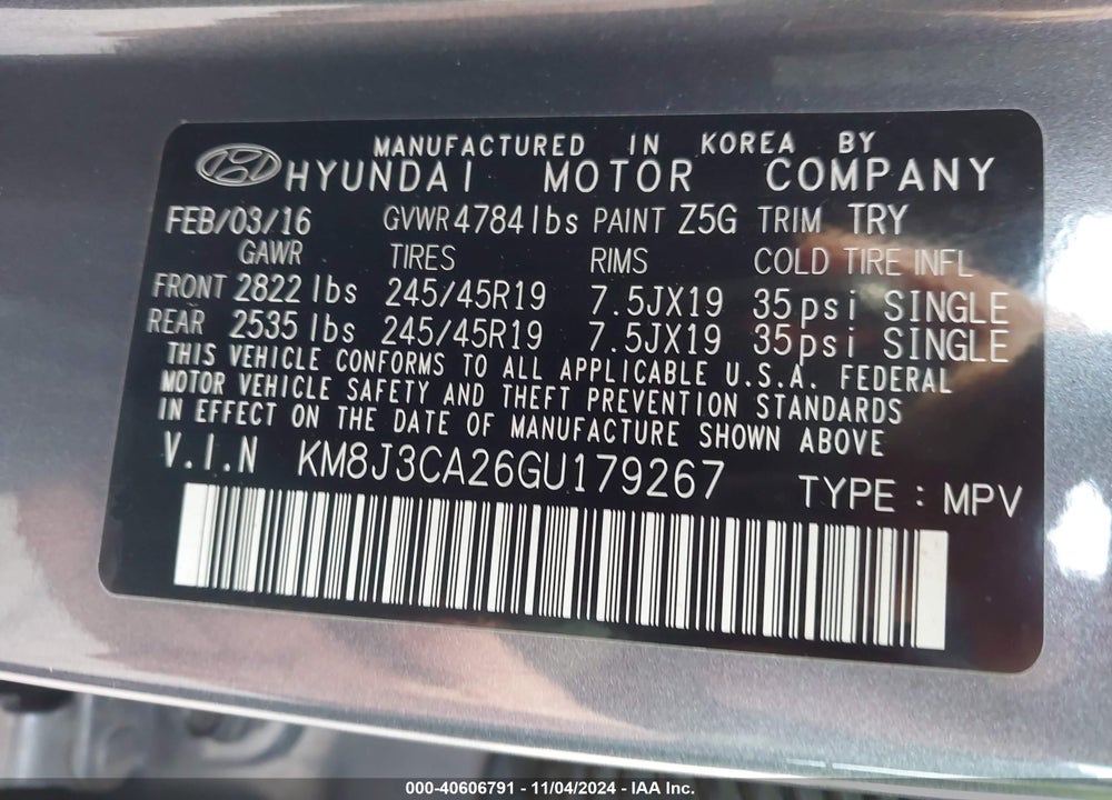 2016 HYUNDAI TUCSON SPORT VIN: KM8J3CA26GU179267