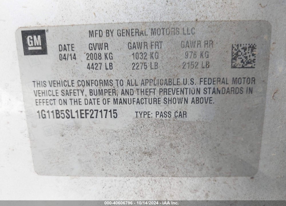 2014 CHEVROLET MALIBU 1LS VIN: 1G11B5SL1EF271715