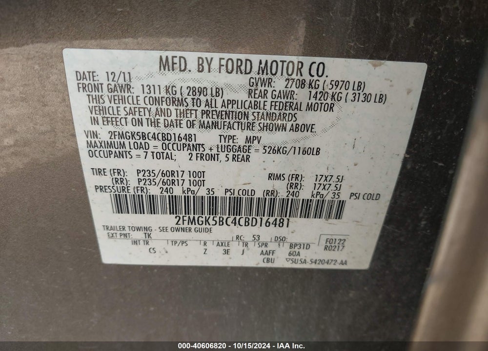 2012 FORD FLEX SE VIN: 2FMGK5BC4CBD16481