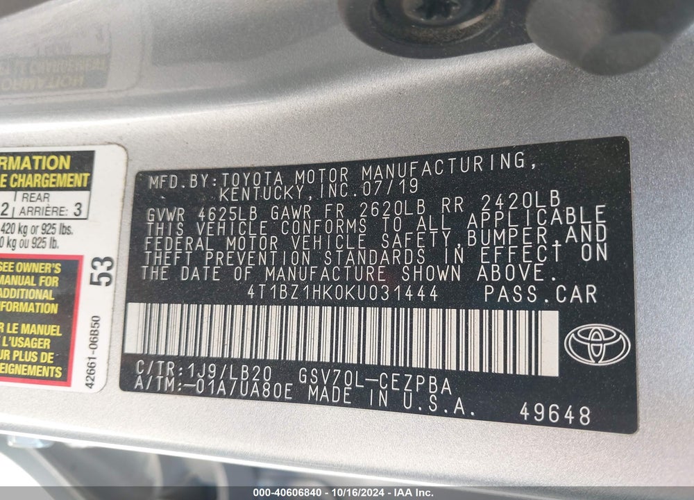 2019 TOYOTA CAMRY XSE V6 VIN: 4T1BZ1HK0KU031444